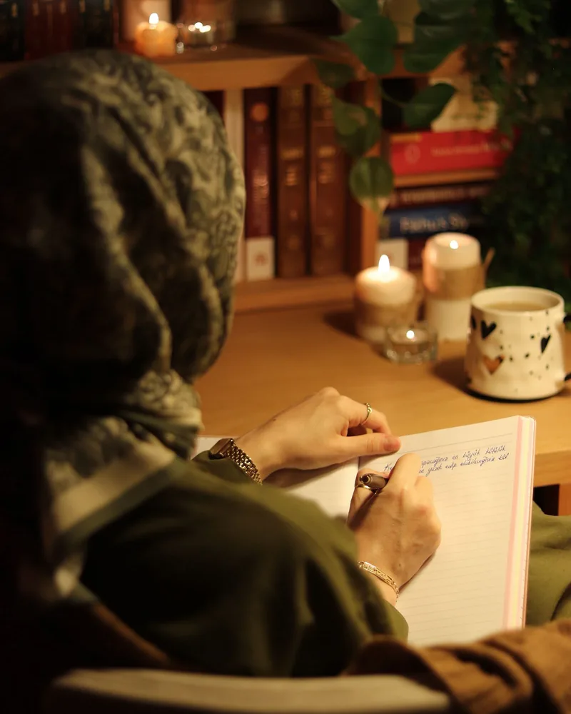 A learner writing in a notebook at a desk by candlelight