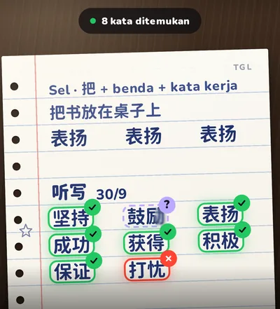 Kamera menemukan 8 kata hari ini di halaman tulisan tangan